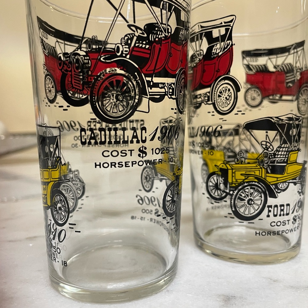 Classic Cars Vintage Drinking Glasses 1906 Cadillac Ford Studebaker Set Of 2